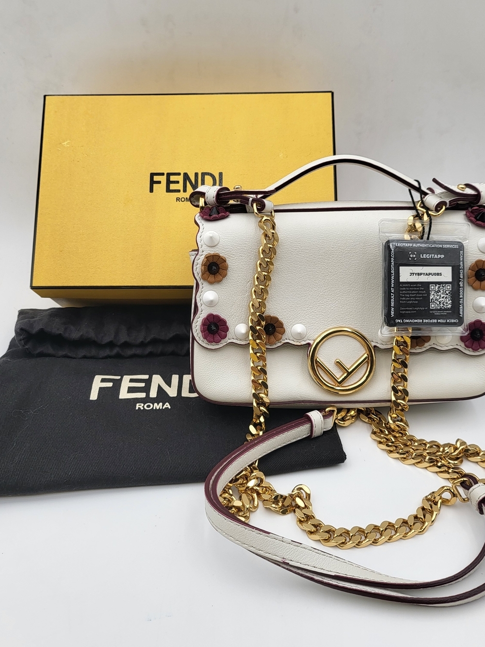 FENDI Vitello Dolce Nappa Flowerland Studded F is Fendi FF Micro Double Baguette